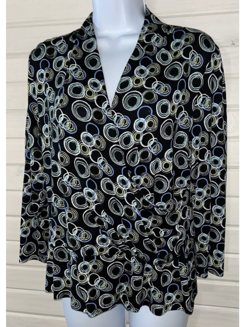 Harold’s Sz LARGE Silk Cotton Knit Black Blue Faux Wrap Top Draped Stretch EUC